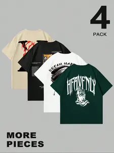 4-Pack Graphic Menswear Short Sleeves Tees Set — Hot-Selling Streetwear! Diverse Edgy Prints + Multiple Colors, Oversized Fit For Urban Cool Style. Versatile Daily Tops.