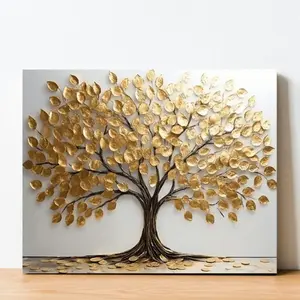 Waterproof Wooden Framed Canvas Painting Tree of Life Canvas Wall Art with Golden Leaves - Woven Wooden Frame Painting for Bedroom, Living Room, Hallway Decor, Ready to Hang, Perfect for Room Decor Ornaments Decoration Artistic Print Photo
