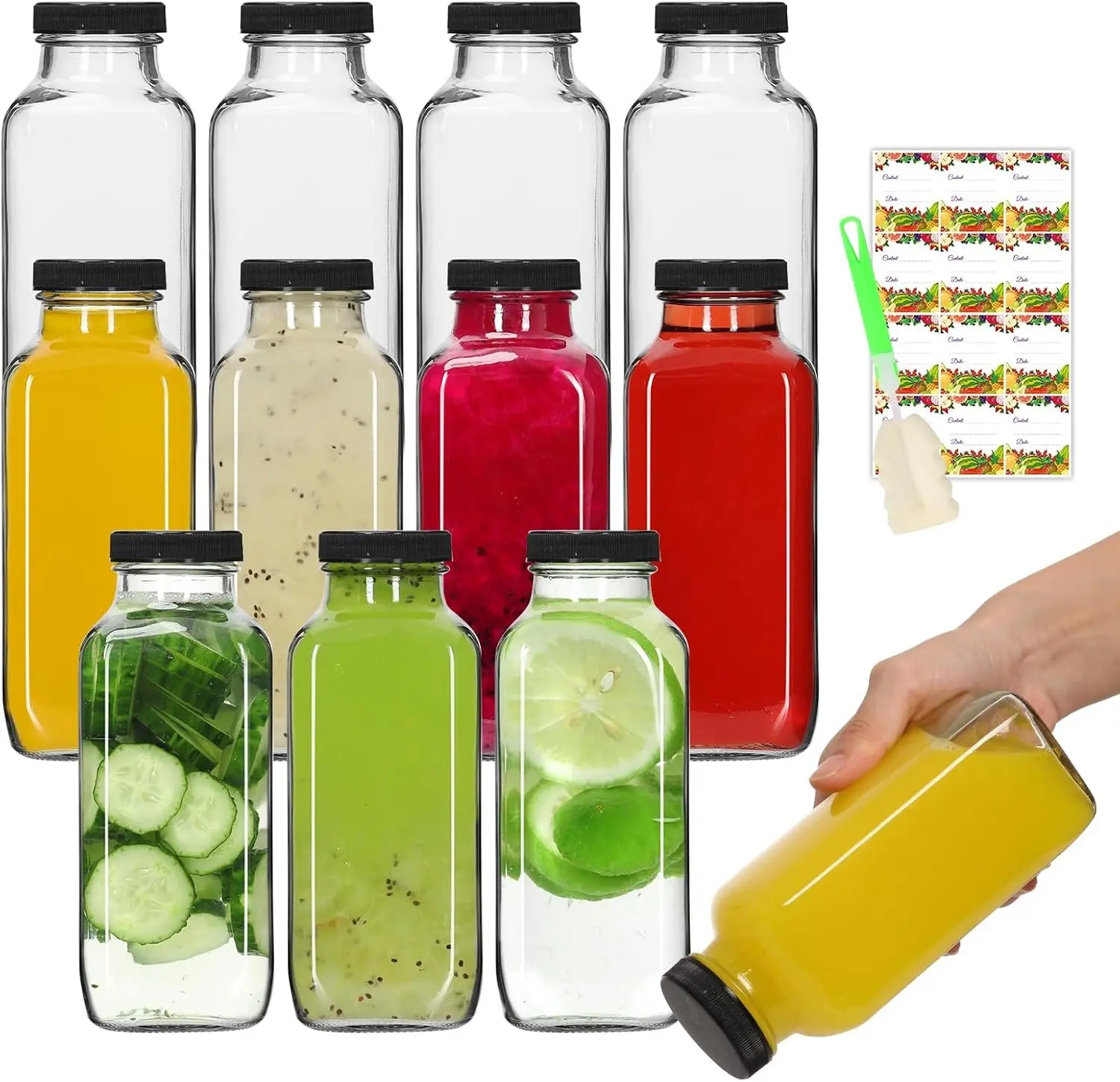 12oz Glass Bottles with Lids 12-Pack for Juicing & Milk | 360ml Portable Glass Juice Bottles, Reusable & Leakproof, for Morning Juice, Office Coffee & Kombucha