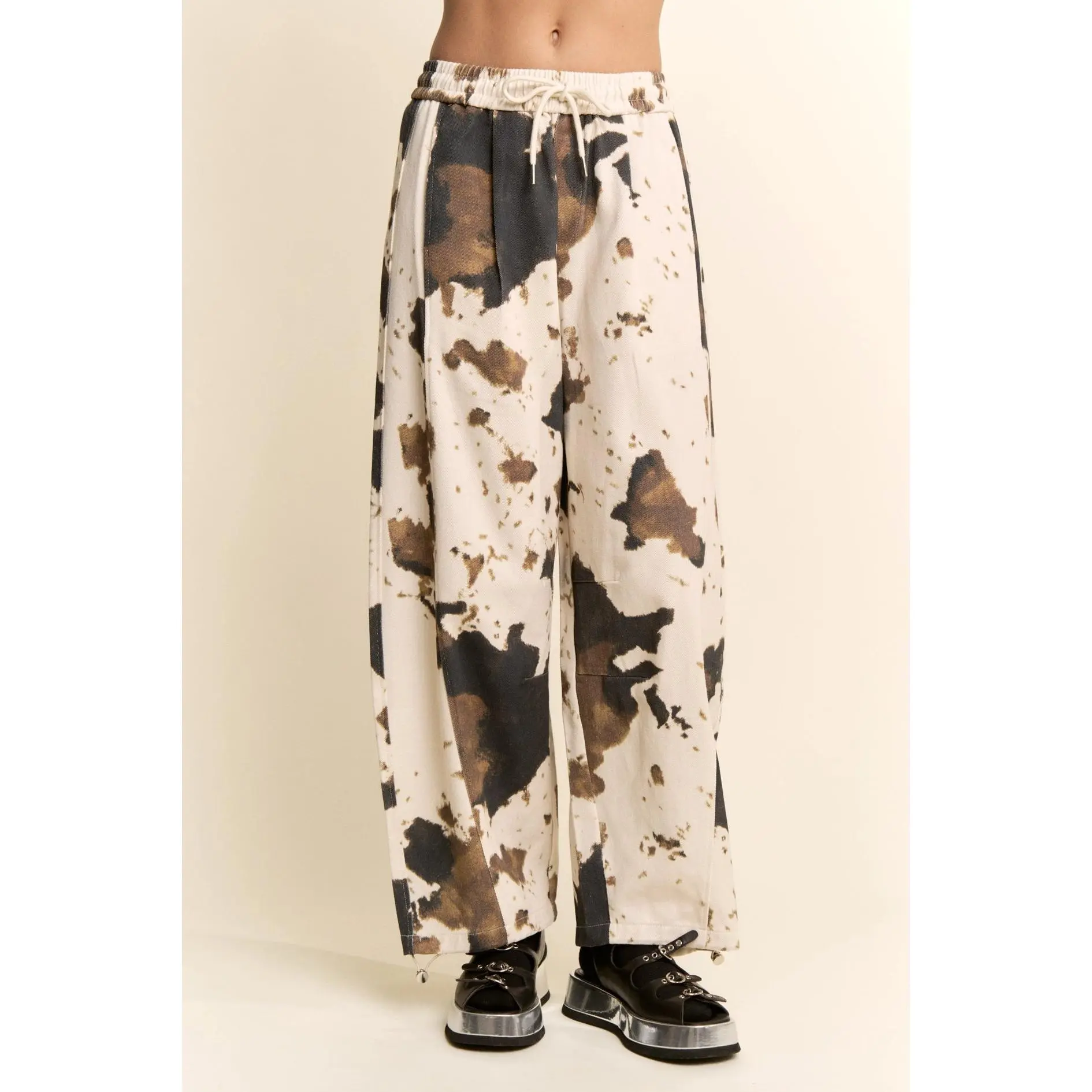 COW PRINT WIDE-LEG DRAWSTRING-HEM PANTS