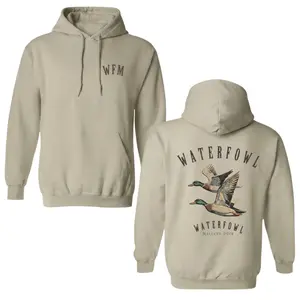 Duck Hunting Waterfowl Mallard Hoodie, Vintage Flying Mallard Pair Graphic with WFM Chest Logo Design on Soft Cotton Blend Fabric, Unisex Fit for Men Women Teens, Perfect Gift for Duck Hunters, Waterfowl Enthusiasts & Outdoor Lovers