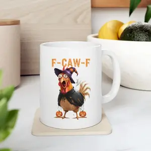 BNB – Funny Halloween Chicken F-CAW-F Mug 11oz & 15oz Ceramic Mug, Humor Accent Coffee Cup Gifts for Besties Coworker Colleague Workmates on Birthday Thanksgiving Christmas, Hilarious Office or Home Office Drinkware Reusable And Washable Coffee Cup