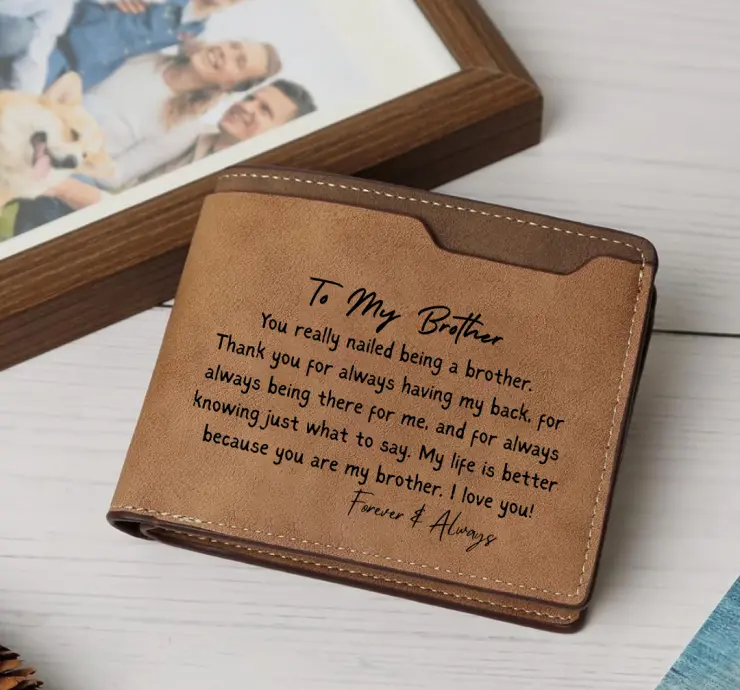 To My Brother Thank You Boned By Love Leather Wallet for Men, Engraved Personalized Leather Wallet, Birthday Christmas Gifts for Son from Mom Dad , Inspirational Gifts for Boy