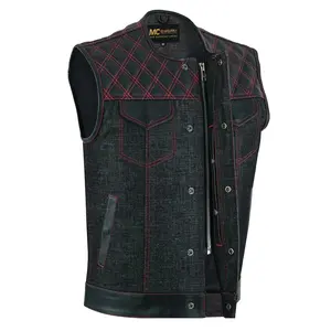 MC Gear Supply Black Denim and Leather Biker Vest Mens Motorcycle Club Waistcoat Red Stitching Quilted MC20306