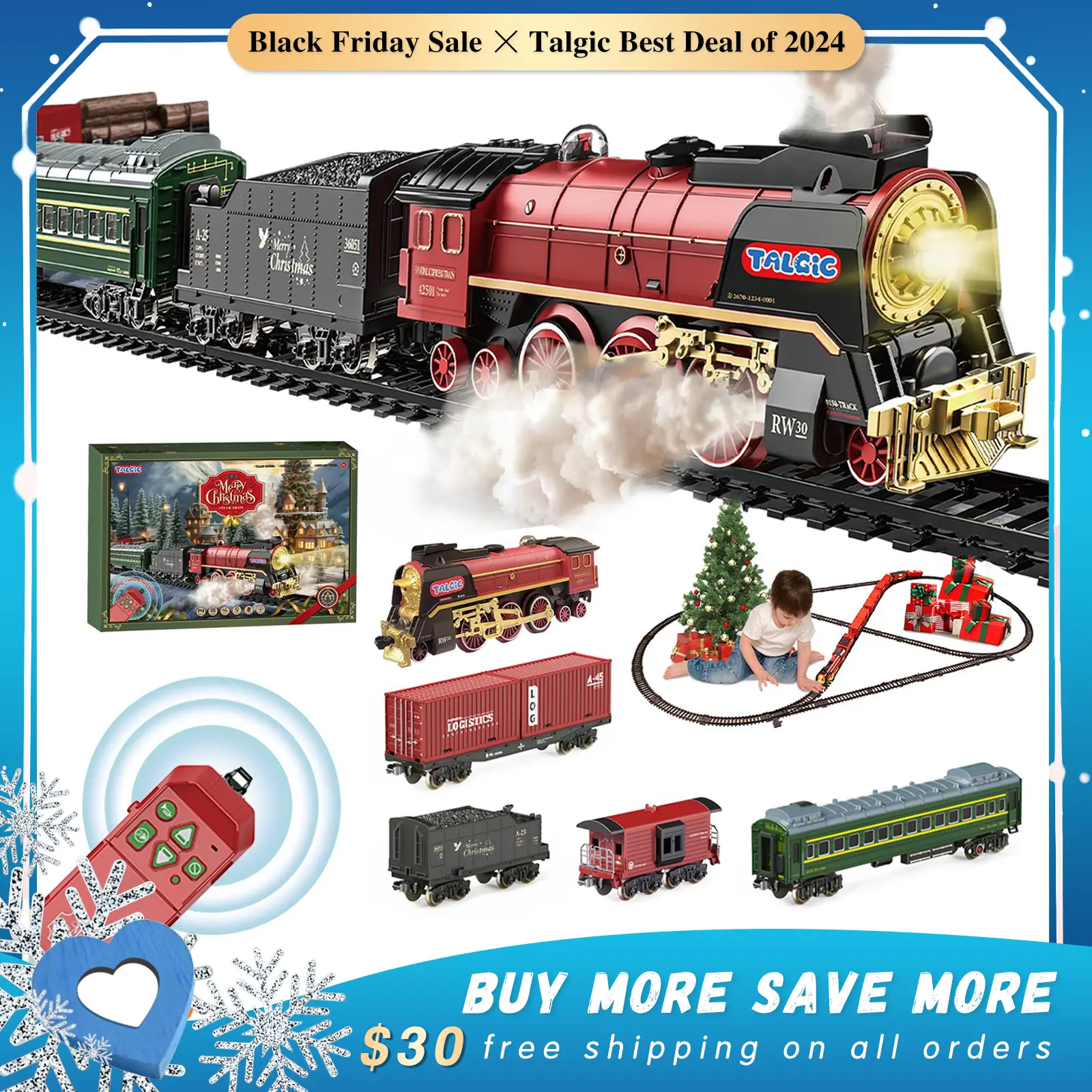 Christmas Train Set - Hanging Train Toys with Smoke Light & Sound for Boys Girls,Train Set Around Under The Christmas Tree with Steam,Carriages Tracks