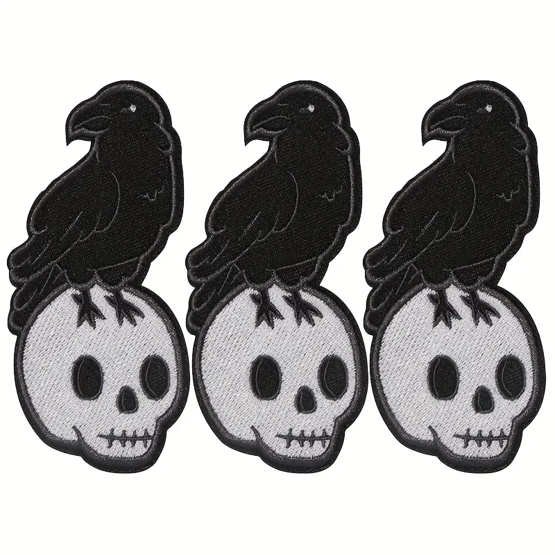 3PCS Raven Skull Embroidered Iron-On Patches, Gothic Punk Crow on Skull Sew-On Badge, Dark Horror Aesthetic DIY Clothing Appliqué for Denim Jackets, Backpacks, Hats, Alternative Witchy Fashion Accessories Freeship