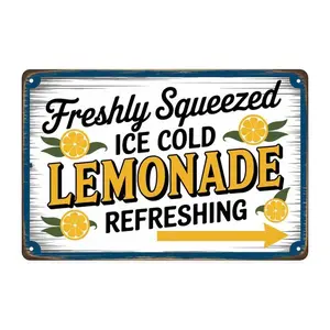 Lemonade Stand Ice Cold Refreshing Tin Sign, Vintage Ice Cold Lemonade Metal Sign Print Aesthetic Room Decoration for Home Bedroom Kitchen Bar Coffee Shop Bathroom Indoor Outdoor Wall Decor, 8 X 12 IN