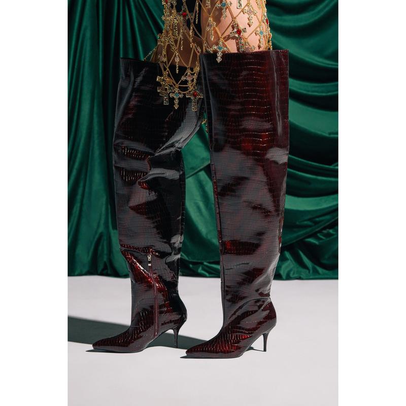 AZALEA WANG HALINA BURGUNDY CROC STILETTO BOOT