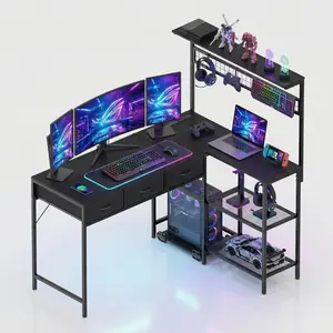 Computer Desk with 3 Fabric Drawers, 50.4 in l-Desk Display Shelves with Led Light & Power Outlet, PC Table Workstation for Home Office, Gaming Desk for Small Spaces