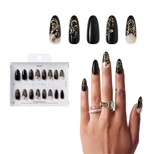 Gold Finger Glitzy 3D Press-On Nails in Kindly – Long Oval Fake Nails, Black & Gold Filigree with Rhinestones, Luxury Glue On Nails, 28 Pc Kit
