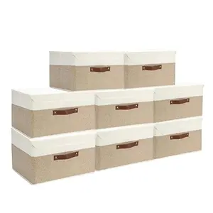 8 Pack Decorative Storage Bins Containers Fabric Bins with Lids Storage Baskets Bulk for Shelves Drawers Desktop Closet Playroom Classroom Office Bedroom 15INx10INx10IN Beige White