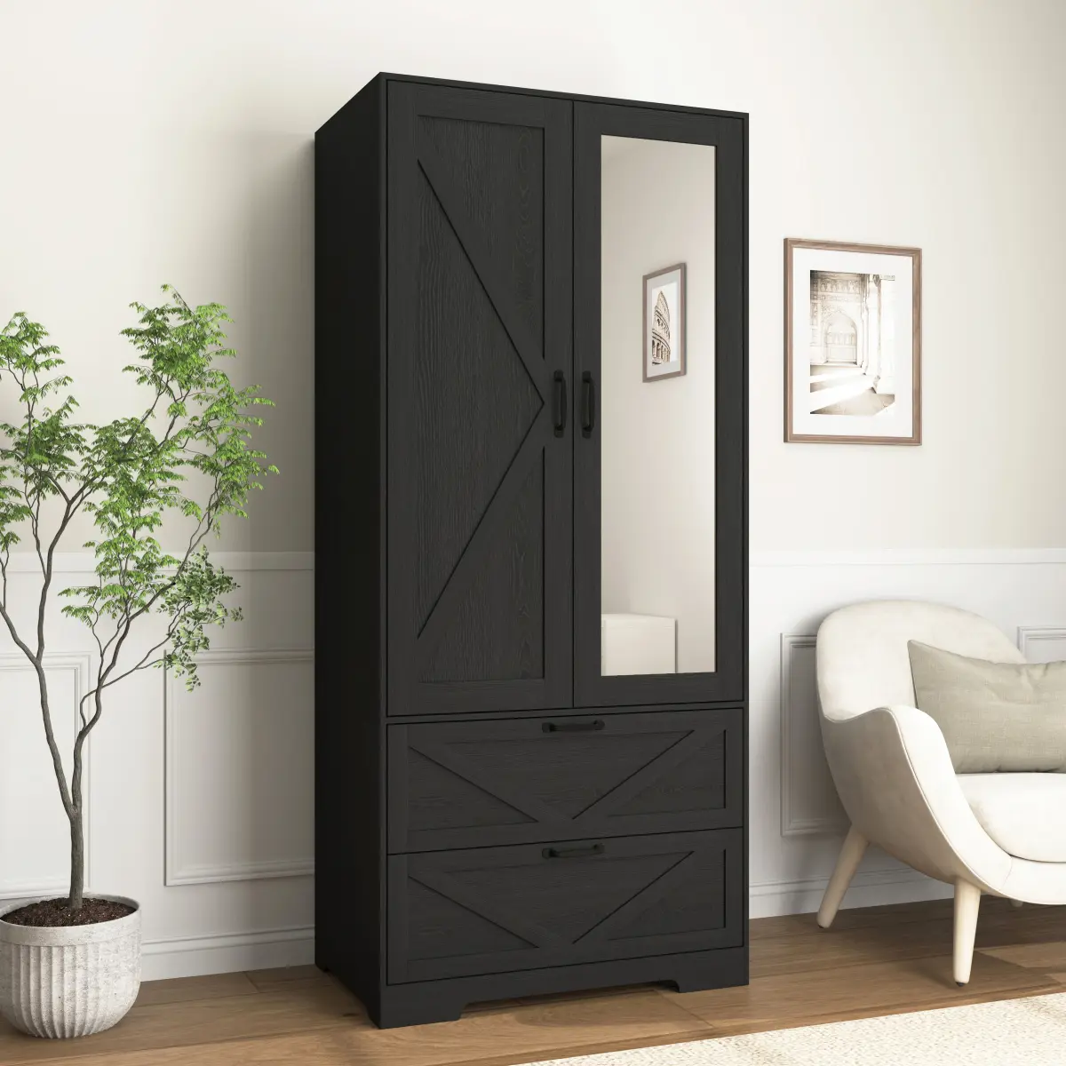 YAOSHANSHAN Armoire Wardrobe Closet with Mirror and 2 Drawers, 72'' Bedroom Armoire Wardrobe Cabinet with Hanging Rod and Light,Wooden Bedroom Closet with Adjustable Shelf