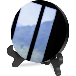 Black Obsidian Scrying Mirror, Black Obsidian Circle Disc Feng Shui Mirror with Stand,  Desk Decor Crafts (6cm)