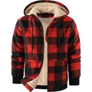 Mens Plaid Hoodies Winter Zip Up Fleece Jacket Sherpa Fleece Lined Warm Flannel Jacket Coat