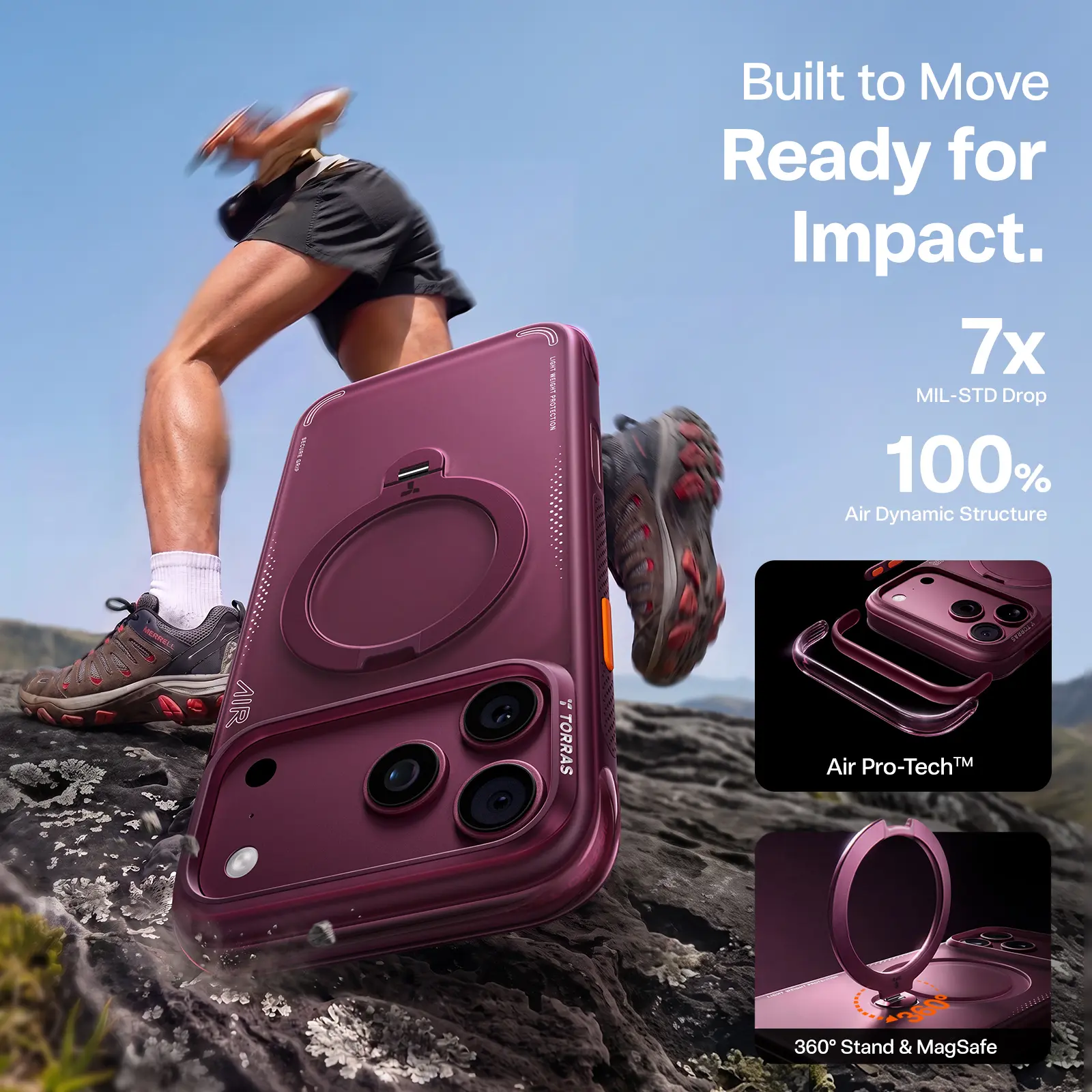 TORRAS Ostand Q3 Air for iPhone 18/17/16 Pro Max Case 6.9", 360 Magnetic Ring Stand, MagSafe Compatible, AirPro Cushion Airbag Corners, 13 ft/4M Drop Protection, Camera Control Button, Shockproof Rugged Defender Slim Grip Phone Cover, Burgundy