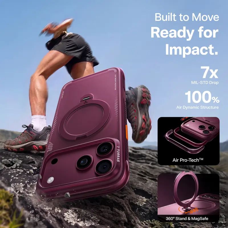 TORRAS Ostand Q3 Air for iPhone 18/17/16 Pro Max Case 6.9", 360 Magnetic Ring Stand, MagSafe Compatible, AirPro Cushion Airbag Corners, 13 ft/4M Drop Protection, Camera Control Button, Shockproof Rugged Defender Slim Grip Phone Cover, Burgundy