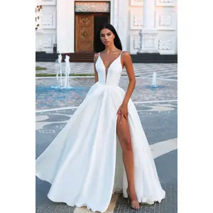 Tina Holly TF002 Wedding A-Line Spaghetti Strap High Slit Mikado Dress