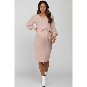 Pink Soft Brushed Waist Tie Bubble Sleeve Maternity Dress