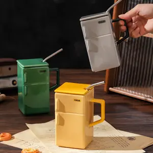 Creative Fridge Shaped Mug - Retro Portable Water Cup, Unique Gift Mug Drinkware Lid Reusable Ceramic Washable Reuse