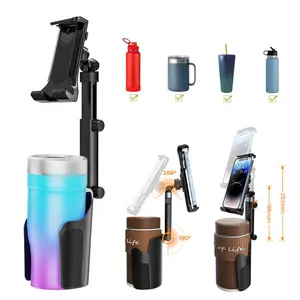 Phone & Tablet Holder for Car Cup Holder, Car Cell Phone Mount with Cup Holder Expandable Base, 2 in 1 Car Phone Holder Mount, 360 Degree Rotatable, Fits for iPhone Samsung Smartphones Tablet iPad and Most Bottles Drinks