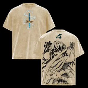 Tokito Muichiro Demon Slayer: Kimetsu no Yaiba Anime Double Printed Vintage Washed Tee Unisex Oversize Heavyweight Cotton T-shirt for Anime Fans and Lovers