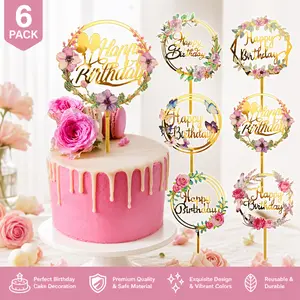 6Pcs Gold Floral Acrylic Cake Toppers, Happy Birthday Cupcake Topper Decorations, Reusable Acrylic Party Supplies for Birthday Parties, Anniversaries & Pastry Decor