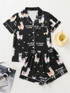 Women's Cute Cartoon Alpaca Letter Print Pyjama Set, Loungewear, Soft and Smooth Fabric, Loose Fit Short Sleeve Top and Shorts, All Seasons Sleepwear, Pajama Set, Pajamas, Pjs, Womenswear, Lady