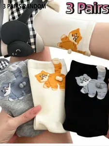 Women's Knee-High Socks with Cute Cat Design, Soft Comfortable Cartoon Patterns, Perfect for Casual Wear, Pack of 3 Pairs, Casual Comfy Socks