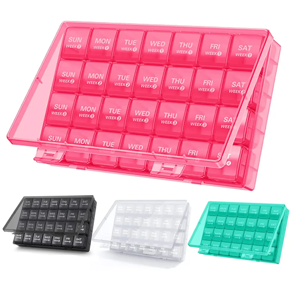 Barhon 4 Weeks Premium Large Healthy Pill Organizer Case 1 Time A Day Portable Travel Friendly 28 Days Elegant Pill Box with Dust-Proof Container for