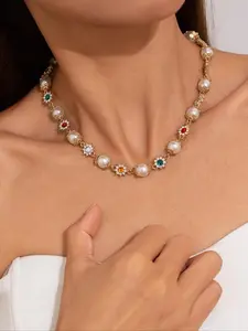 Elegant Alloy Chain Necklace Fashion Jewelry Party with Colorful Rhinestones & Faux Pearls, Perfect Party Accessory Gift for Friends, All-Season Wear