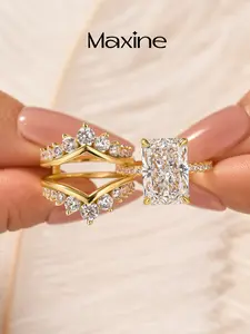 MAXINEJEWELRY 7.0ct Radiant Cut Bridal Engagement Ring Set,Tarnish Resistance 14K Gold Plated,Stackable Nesting Insert Wedding Band,Travel Friendly Daily Fine Jewelry
