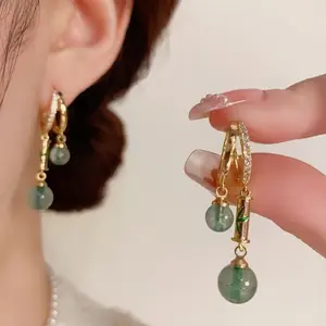 Green Bamboo Earrings 14K Gold Plated Oriental Inspired Ghost Quartz Pendant Design, Chic Retro Style Fashion Jewelry Statement Earrings for Women DZEH3173