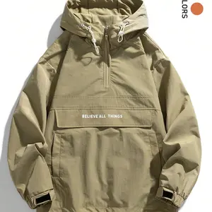 Hooded Half-Zip American Style Workwear Long Sleeve Jacket, Casual Outdoor Windbreaker with Pockets, Men's Fashion Pullover Coat for Fall & Winter