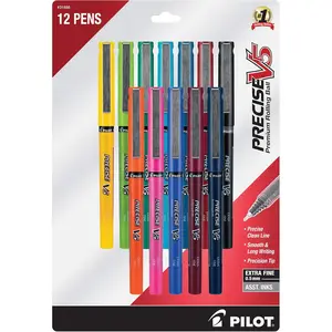 Pilot, Precise V5, Capped Liquid Ink Rolling Ball Pens, Extra Fine Point 0.5 mm, Assorted Colors, 12