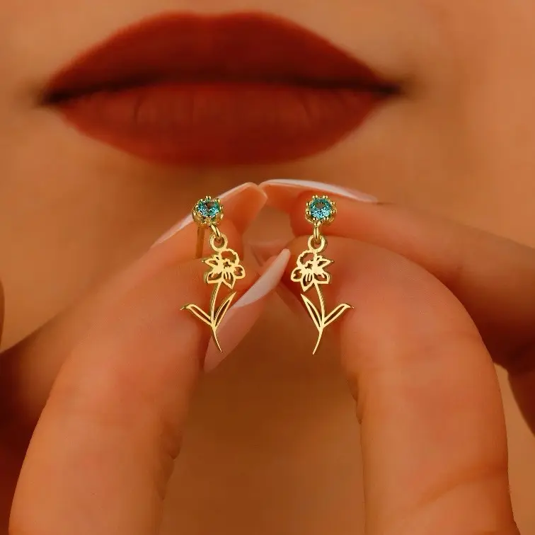 18 k Gold Plated Set of Earrings With Birthstone And Birth Flowers, Personalized Fashion Jewelry for Women