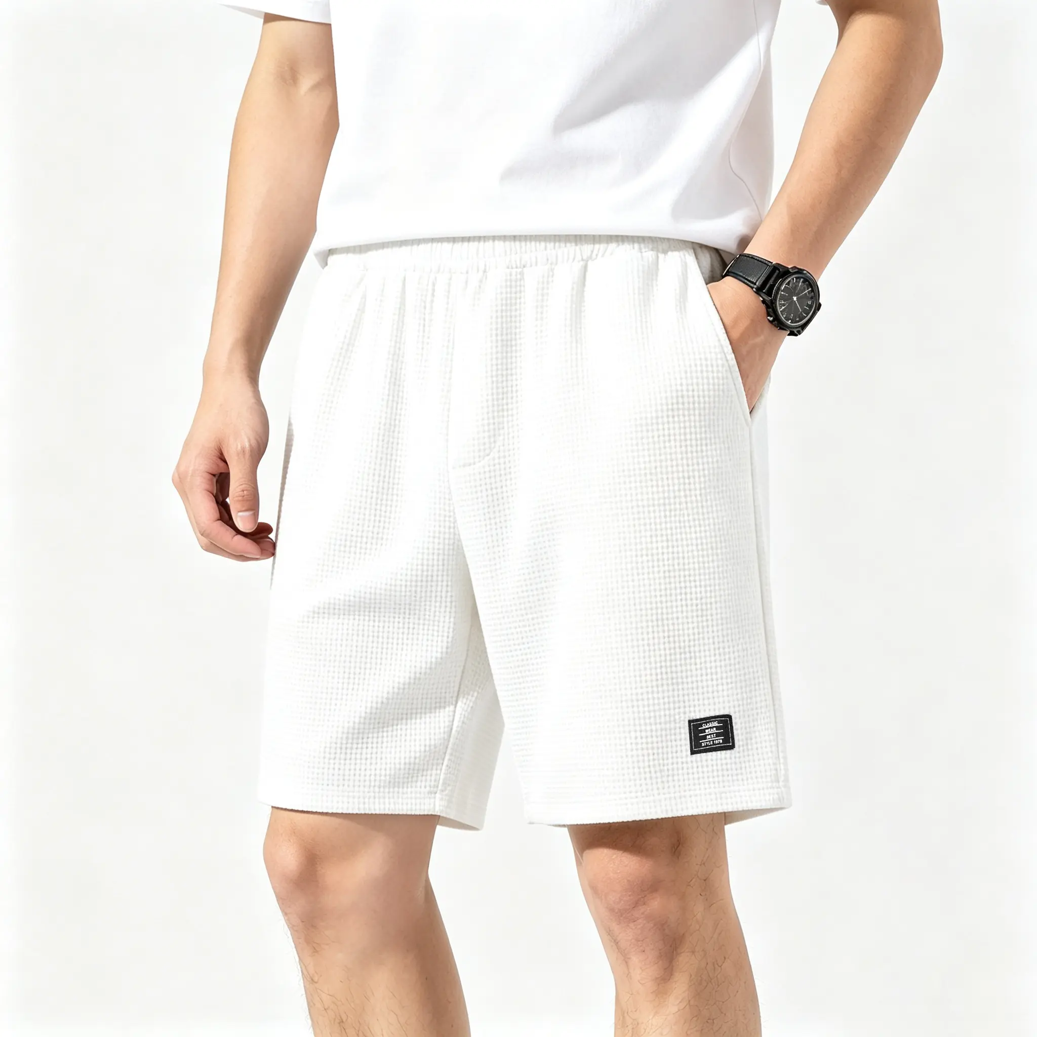 Men's Lightweight Waffle Knit Solid Athleisure Shorts - Breathable, Drawstring Waist, Fashionable Gym Bottoms on Clearance Sale, M, Knitted Fabric, Drawstring Waist Adapts To Your Day, Casual, Loose-Fitting