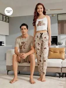 Men's Sleepwear Homecoming Set, Bear Pattern Short Sleeves Fitted Casual Wear, Comfortable Organic Textile Material