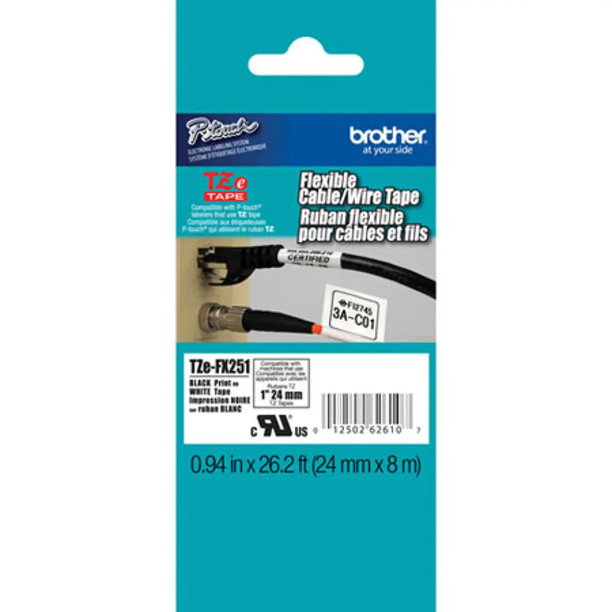 Brother 0.94" Black on White Flexible ID Tape (26.2')