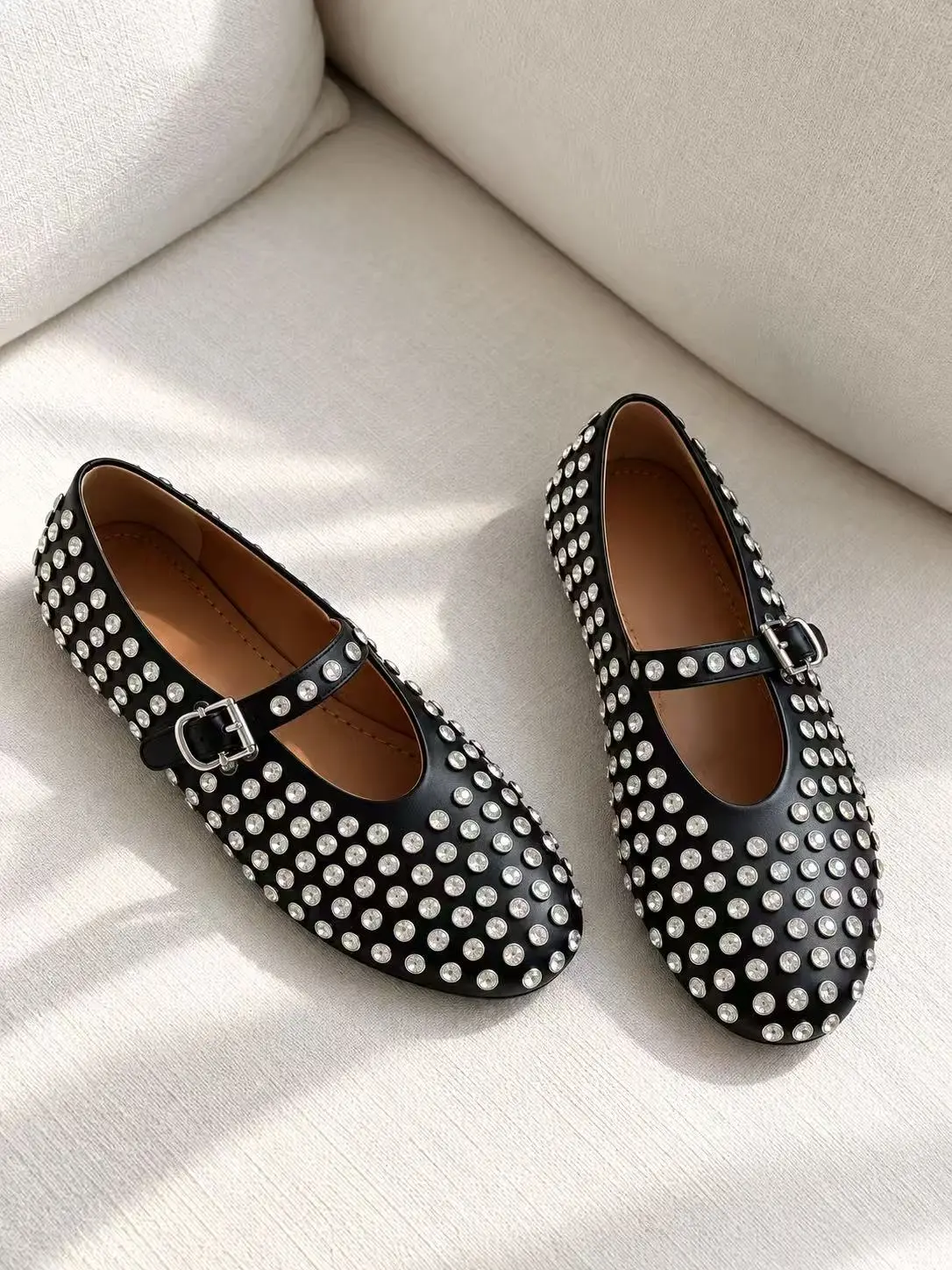 Studded Mary Jane Shoes - Black with Silver Studs, Comfortable and Stylish Design for Everyday Wear