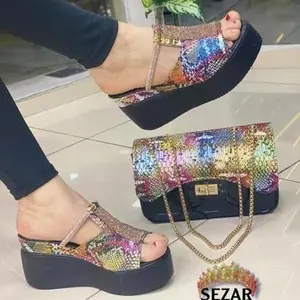 Multi Color Women Party High Heels Shoes Bag Set, Beautiful Design Fashion Summer Sandals,  Wedding Ladies Shoes and Bag Set  Comfort Footwear Elegant Ankle Strap Wedge Heeled Stylish