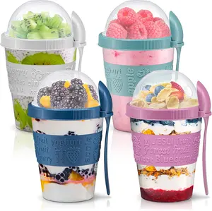4 Pack - On the Go Yogurt Parfait Cups with Lids, Topping Compartment & Spoon, Yogurt/Parfait Cups for Breakfast Meal Prep, Reusable Leak Proof Container - BPA Free - 20oz - Colorfull