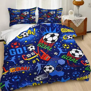 2/3Pcs Vibrant Soccer Themed Duvet Cover Set, Energetic Football Graphics Bedding Set with Dynamic Motion Elements, Kids' Bedroom Decor, Fun and Playful Design in Dark Blue and Bold Colors! Includes 1 or 2 Pillowcase - No filling/Zipper Closure