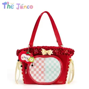 THE JUNCO Love and Deepspace Caleb Anime ITA Bag – Unique Apple Shape Crossbody with Red Ruffle Bow Charm, Large Capacity Handbag with Clear Front Panel for Badge Display, Versatile Everyday Bag for Women