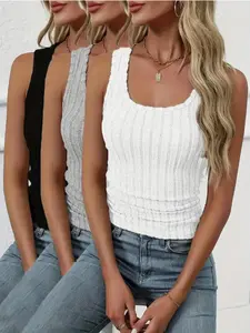 Women's Solid Ribbed Basic Tank Top, Casual Sleeveless Top for Summer, Ladies Clothes for Daily Wear