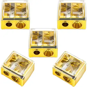 5 Pack Dual Holes Plastic Manual Makeup Pencil Sharpener Cosmetic Tools for Eyeliner Lip Liner Pencil Gold Classic
