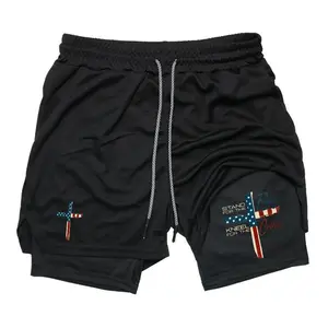 [Father's Day Gift] Unisex Patriotic Christian Shorts, “Stand for the Flag, Kneel for the Cross”Men’s 2-in-1 Shorts Casual Fitness Streetwear