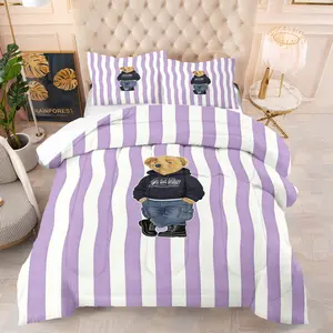 Colorful striped teddy bear printed pattern bedding set, including 1 blanket and 1 or 2 pillowcases without pillowcases, soft children's or adult bedroom decoration gift