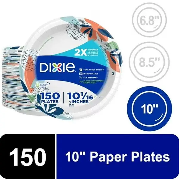 Title: Dixie 10 Inch Disposable Paper Plates, Heavy Duty, Microwavable, Cut Resistant, 150 Count, Multi-Color