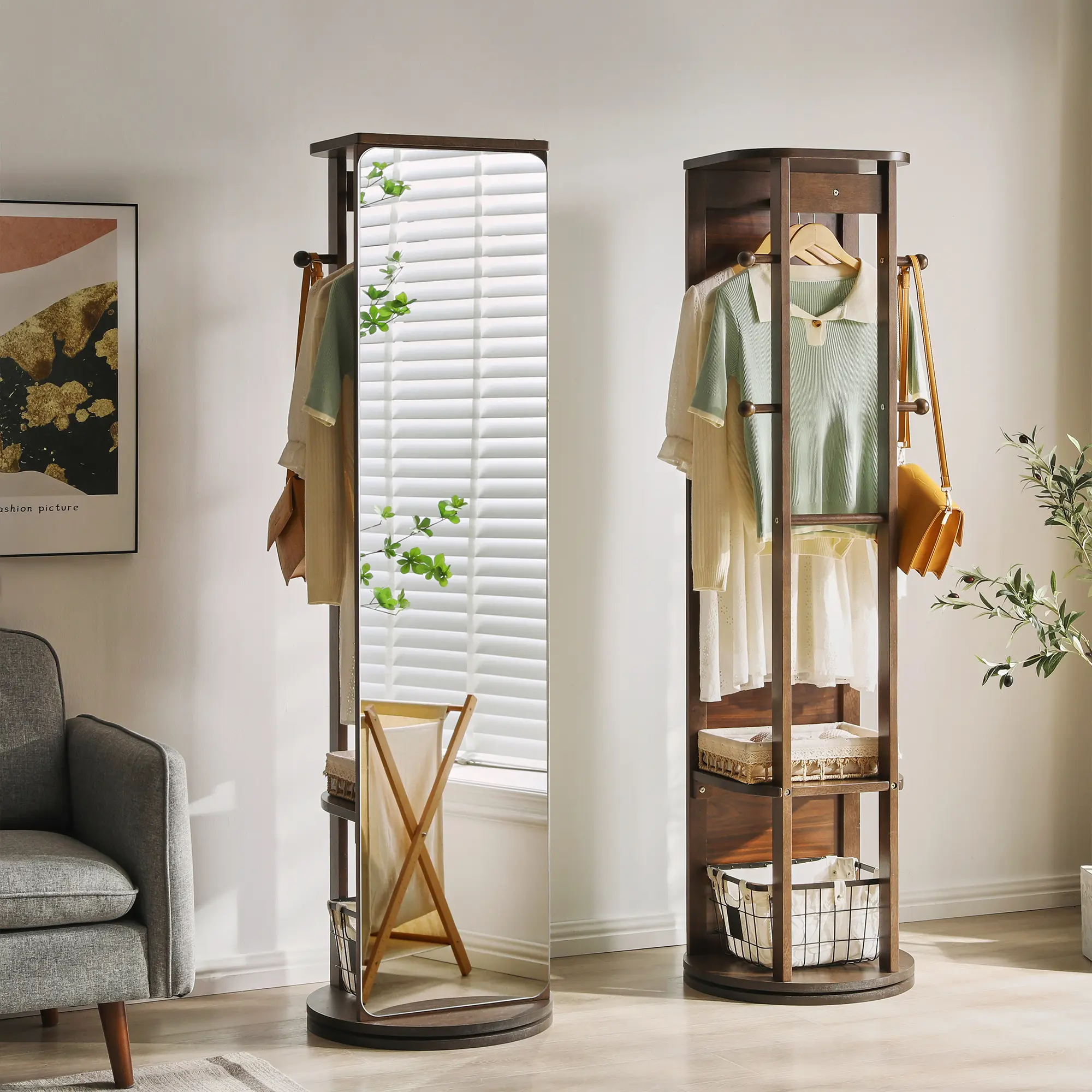 Solid Rubberwood Rotating Full-Length Mirror Cabinet, Freestanding Jewelry Armoire with Multi-Functional Hooks and Shelves for Bedroom & Closet (W5368P497703)