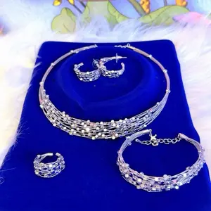 Elegant Silver Tone Jewelry Set with Multi-Layered Necklace Earrings and Bracelet for Women